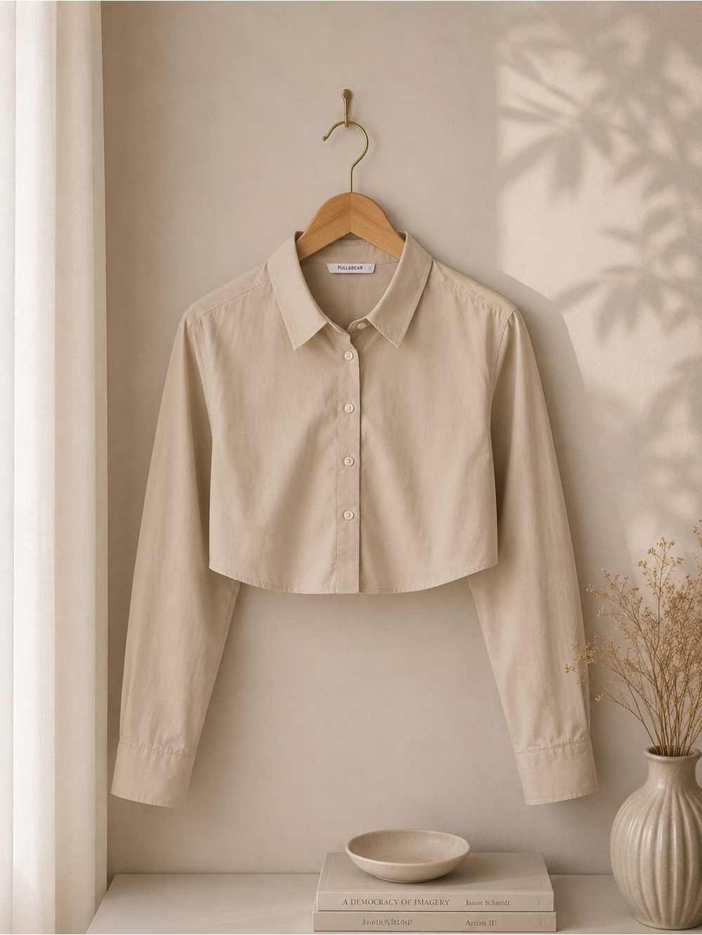 Pull&Bear Cropped Beige Button-Down Shirt